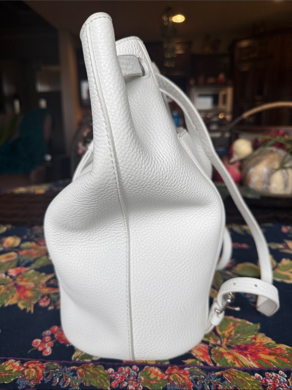 White Pebbled Leather Drawstring Bucket Backpack - Picture 6 of 10
